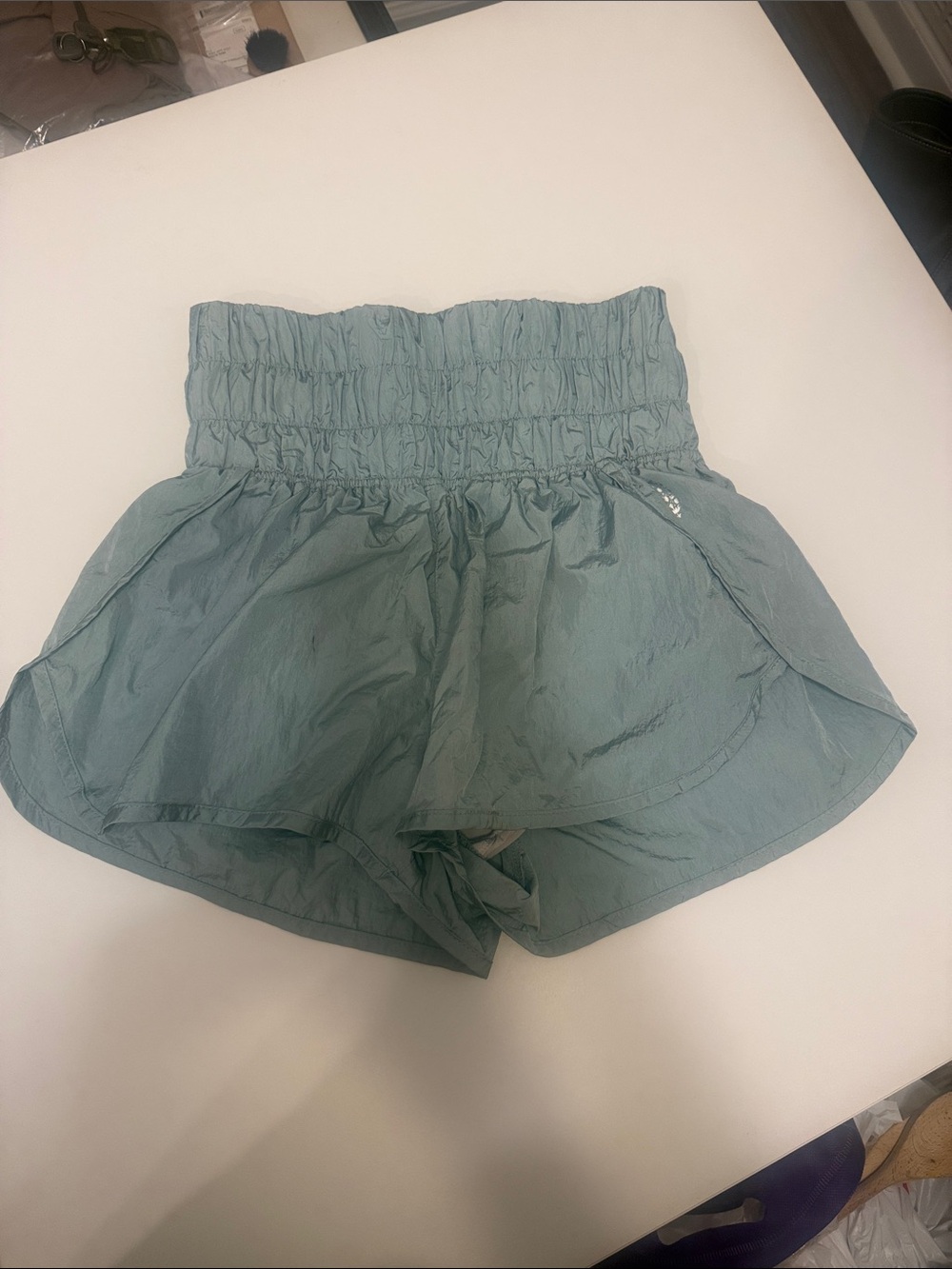 FP Movement by Free People High-Rise Smocked Athletic Shorts in Sage